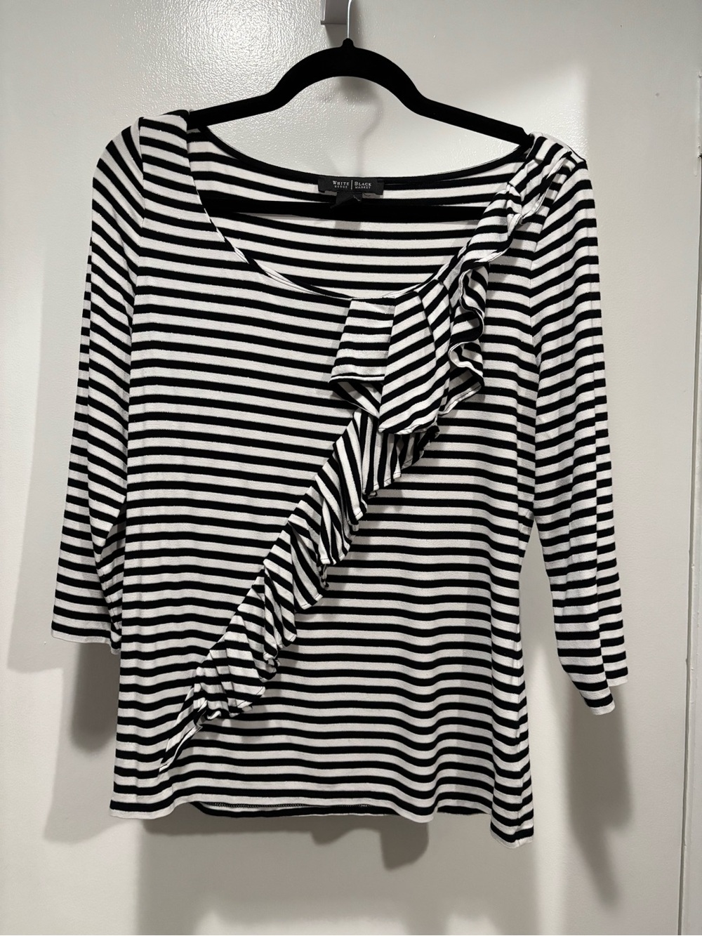 White House Black Market Black & White Striped Ruffle Long Sleeve Top Large